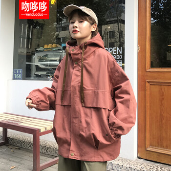 吻哆哆 連帽 長(zhǎng)袖 女 短外套 拼接，多口袋