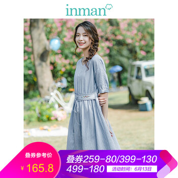 茵曼（INMAN） 純色 繡花，綁帶 連衣裙