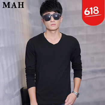 MAH 長袖 男士T恤 V領黑色 XL，L，XXXL，M，XXL