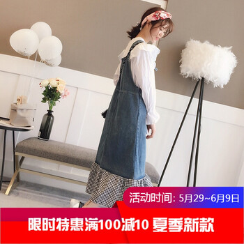 格子拼接牛仔連衣裙