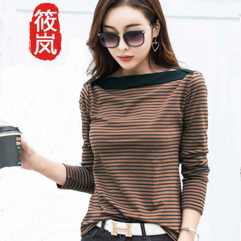 筱嵐（XIAOLAN） 條紋 短袖 T恤 女 一字領(lǐng)