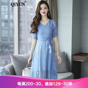 啟·韻（QIYUN） 大花 繡花，拼接，拉鏈，綁帶，蝴蝶結(jié)，木耳邊，蕾絲 連衣裙