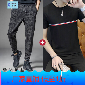 星涵（XINGHAN） 短袖 男士T恤 迷彩+短袖胸前條紋黑 