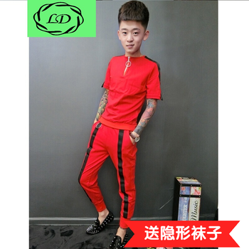 凌登（LingDeng） 短袖 男士T恤 社會(huì)精神快手紅人中杠套裝 紅 S，XL，L，XXL，M