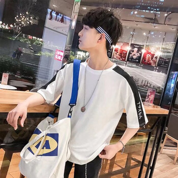 筱麥 七分袖 男士T恤 五分袖拼接白色 