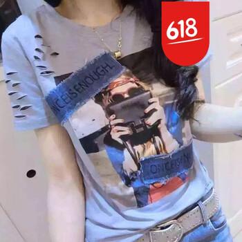 珂梵圖（Kefantu） 破洞，印花，貼布 短袖 T恤 女 圓領(lǐng)