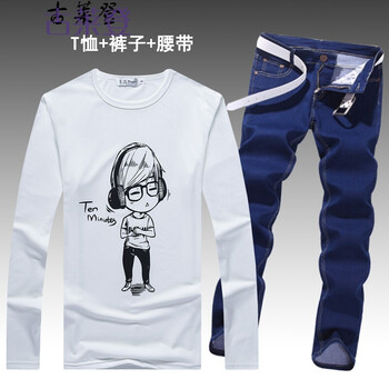 古萊登（GODLIKE） 長(zhǎng)袖 男士T恤 男孩白+純藍(lán)褲 