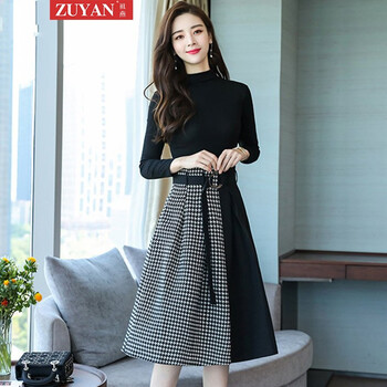 祖燕（ZUYAN） 格子 腰帶，拼色 連衣裙