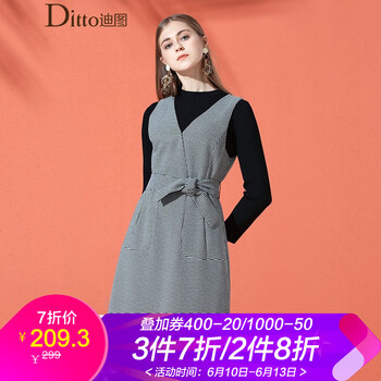 迪圖（Ditto） 千鳥格 口袋，露肩，腰帶，格子 連衣裙