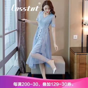 卡思彤（Cosstot） 純色 拼接，拉鏈，鏤空，蕾絲，紗網(wǎng) 連衣裙
