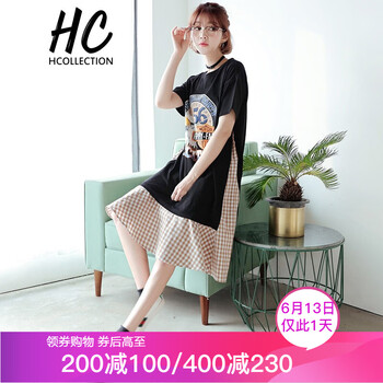Hcollection 卡通動(dòng)漫，格子 拼接，印花 連衣裙