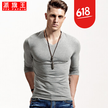 派旗王（PFK.PaFKin） 長(zhǎng)袖 男士T恤 V領(lǐng)淺灰色 