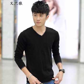 又只狼 長(zhǎng)袖 男士T恤 黑色 