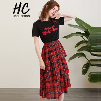 Hcollection 格子，字母 刺繡，格子 連衣裙