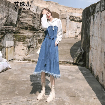 春款牛仔長袖連衣裙