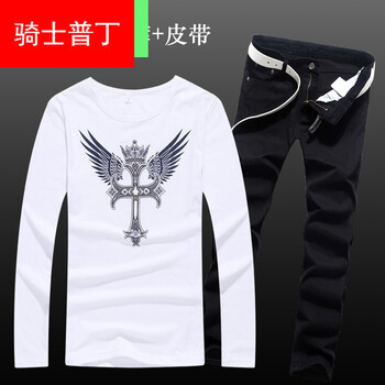 騎士普?。≒utin．rider） 長(zhǎng)袖 男士T恤 自然白十字架白+純黑褲 