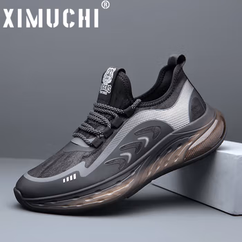 希慕驰XIMUCHI品牌 运动休闲鞋男 秋冬新款皮面透气鞋子男 爆米花软底潮流跑步鞋男鞋 黑色(礼盒装） 40