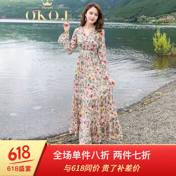OKOJ 碎花 拼接，印花 連衣裙