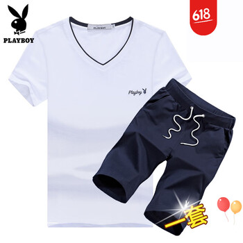 花花公子（PLAYBOY） 短袖 男士T恤 白色+藏青 