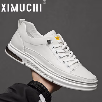 希慕驰XIMUCHI品牌 商务休闲鞋男 秋冬新款潮流百搭皮面小白鞋 板鞋时尚男鞋 白色(礼盒装） 38