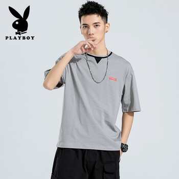花花公子（PLAYBOY ESTABLISHED 1953） 五分袖 男士T恤 3025灰色 