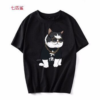 七匹鯊 短袖 男士T恤 黑色大佬貓 S，XL，4XL，5XL，L，M，加大，XXL，XXXL