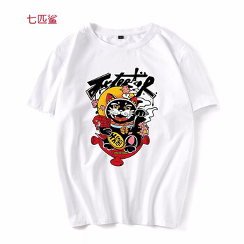 七匹鯊 短袖 男士T恤 白色招財(cái)貓 S，XL，4XL，5XL，L，XXL，M，加大，XXXL
