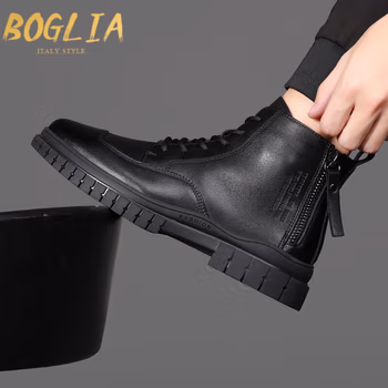 伯格利亚（BOGLIA）品牌马丁靴男2021新款英伦风高帮皮鞋男靴子百搭短靴中帮黑色皮靴 黑色 41