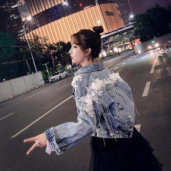 芊蕊（Qianrui） 可脫卸帽 長袖 女 短外套 繡花，口袋，拼接，做舊，紐扣，明線裝飾