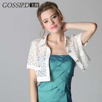 GOSSIP.D 西裝領(lǐng) 短袖 女 短外套 拼接，紐扣，鏤空，蕾絲