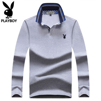 花花公子（PLAYBOY ESTABLISHED 1953） 短袖 男士T恤 灰色丨長(zhǎng)袖 
