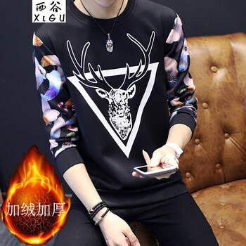 西谷（xigu） 長(zhǎng)袖 男士T恤 三角鹿黑 XL，L，XXL，M