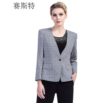 賽斯特 V領(lǐng) 長袖 女 短外套 口袋，墊肩，格子