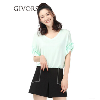 GIVORS 拼接 短袖 T恤 女 V領(lǐng)