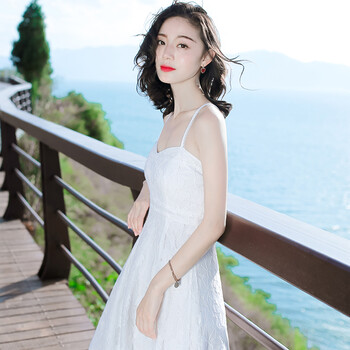 西子美麗心情 純色 繡花 連衣裙