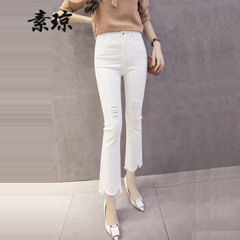 素瓊（SUQIONG） 高腰 喇叭褲 女 九分褲 牛仔褲