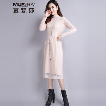慕梵莎（MUFANSHA） 純色 拼接，蕾絲，立體裝飾 連衣裙