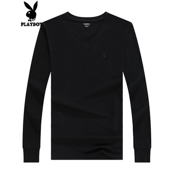 花花公子（PLAYBOY） 短袖 男士T恤 7764長(zhǎng)袖V領(lǐng)黑色 