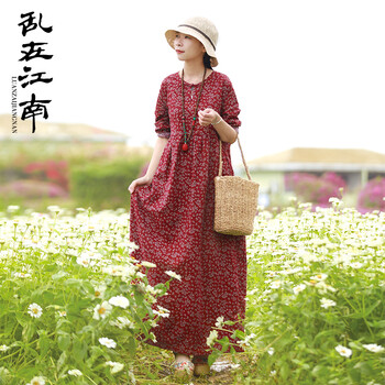 亂在江南 植物花卉，碎花 口袋，紐扣，褶皺，印花 連衣裙