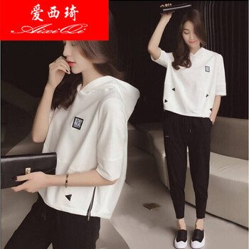 愛(ài)西琦 3D，撞色，金屬裝飾，明線(xiàn)裝飾，立體裝飾 短袖 T恤 女 圓領(lǐng)