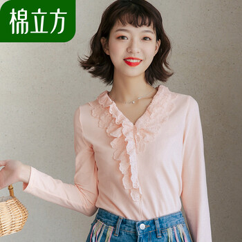 棉立方（MEFOUND） 拼接，鏤空 短袖 T恤 女 V領