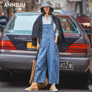 ANNSUU 高腰 背帶褲 女 長褲 休閑褲