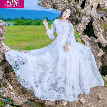 麒妃（QIFEI） 純色 鏤空，蝴蝶結(jié)，蕾絲 連衣裙