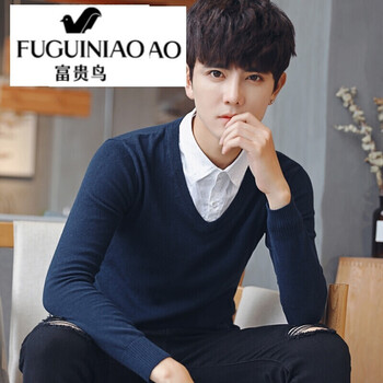 富貴鳥（FUGUINIAO） 長(zhǎng)袖 男士T恤 深  藍(lán) 假 倆 件 