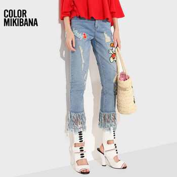 COLORMIKIBANA 自然腰 喇叭褲 女 九分褲 牛仔褲