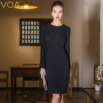 VOA 純色 拼接，拉鏈，褶皺 連衣裙