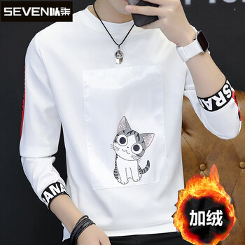 以柒 長(zhǎng)袖 男士T恤 小貓白色 XL，L，M，XXL，XXXL