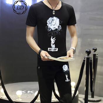 凌登（LingDeng） 短袖 男士T恤 手中花【上裝+下裝黑色】 XL，L，XXL，M，XXXL