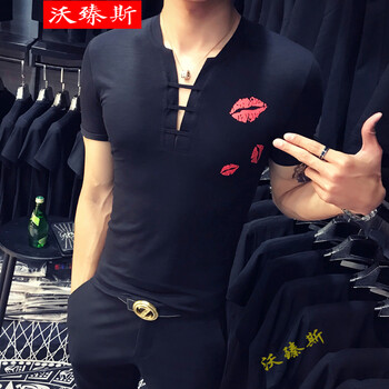 沃臻斯 短袖 男士T恤 口紅黑色 XL，L，M，XXL，XXXL