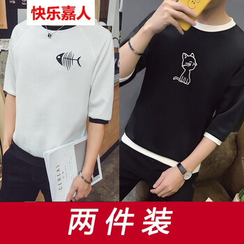 快樂嘉人 短袖 男士T恤 白色魚骨+黑色小貓 